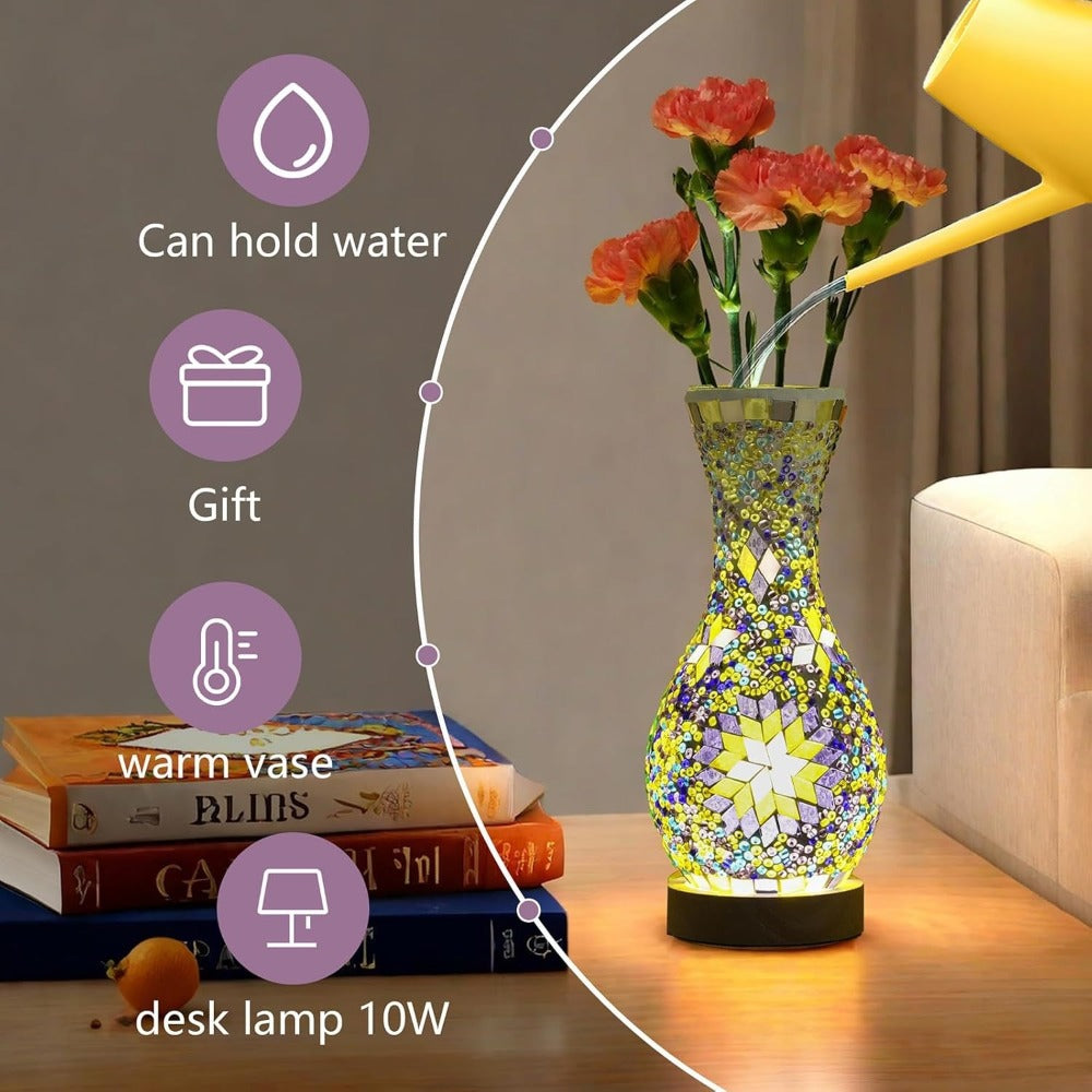 Mosaic Vase Lamp Turkish Moroccan Handmade Colorful Glass Table Lamp with Wooden Base ¨C USB Plug-In Boho Night Light, Flower Vase Lamp for Bedroom Living Room Decor, Bohemian Mosaic Desk Lamp Gift