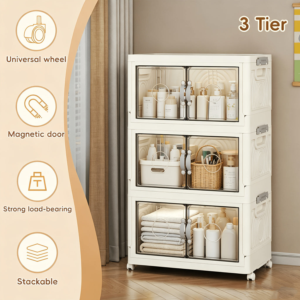 Collapsible Storage Bin with Lid ¨C Foldable Storage Cabinet 2/3/4/5 Layer 48QT Plastic Organizer | Freestanding Storage Rack for Home, Living Room, Kitchen & Bathroom | Snack & Box Storage Container