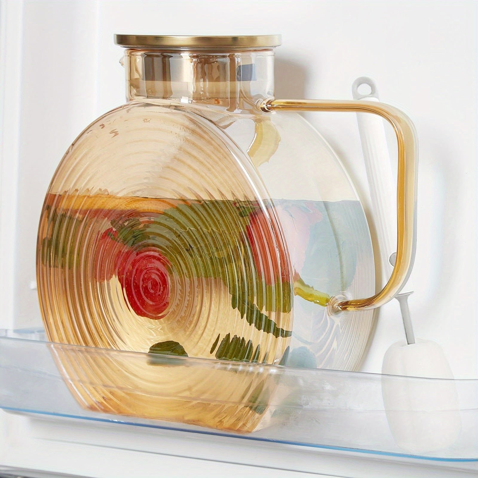Borosilicate Glass Pitcher with Lid for Fridge, 2.5L/84oz Large Iced Tea Pitcher with Handle, Water Jug for Sun Tea, Lemonade, Fruit Juice, Cold & Hot Beverages, Golden & Grey