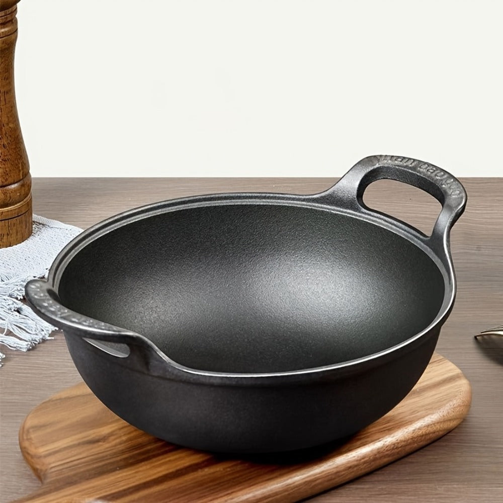 Cast Iron Wok Skillet Non-Stick Deep Stir Fry Pan with Dual Handles - Heavy Duty Uncoated Traditional Cooking Pot Multi-Size 9.84 10.62 11.81 12.59 Inch for Home Outdoor Grilling Baking