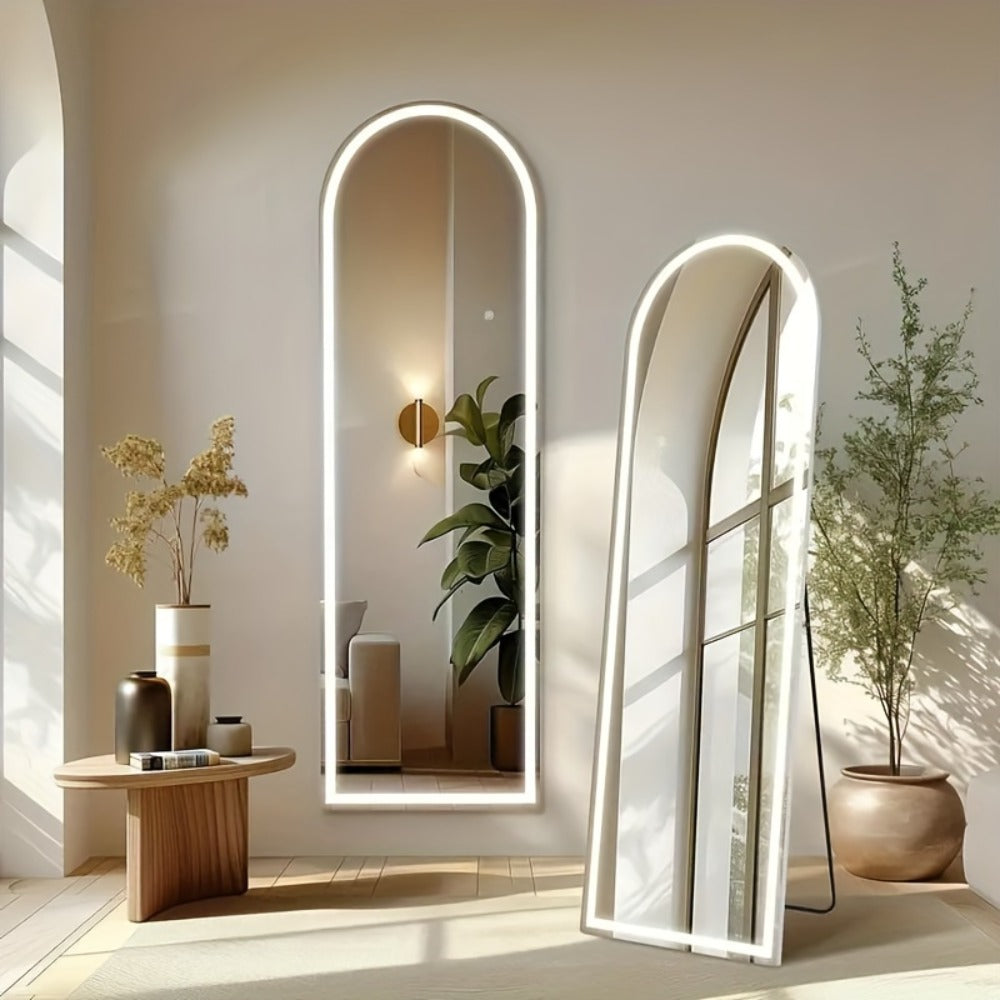 Full Length Mirror Floor Standing with LED Light - Arched & Rect Aluminum Frame Dressing Mirror for Bedroom Living Room, Black/Golden/White