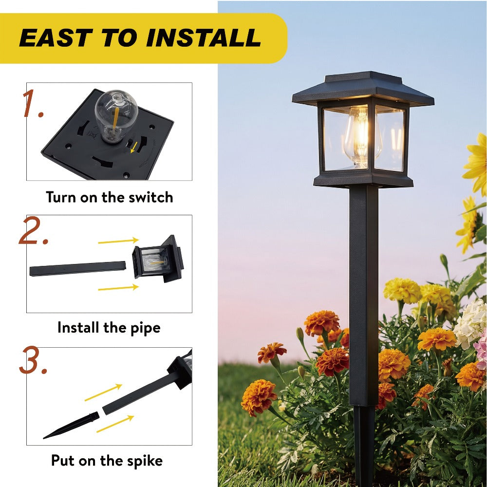 Solar Pathway Lights Outdoor Edison Style LED ¨C Up to 12 Hours Auto On/Off IP44 Waterproof | Warm White Solar Garden Lights for Yard, Driveway & Walkway | Black & Brown Upgraded Stake Lights
