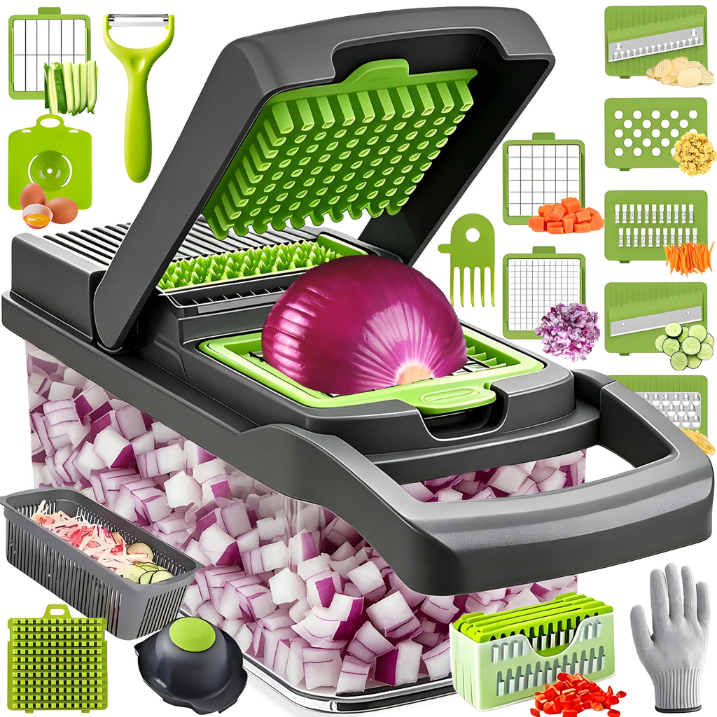 Vegetable Chopper 18-in-1 Multifunctional Food Chopper & Mandoline Slicer with Container ¨C Onion Dicer, Adjustable Cutter for Kitchen Meal Prep, Gray