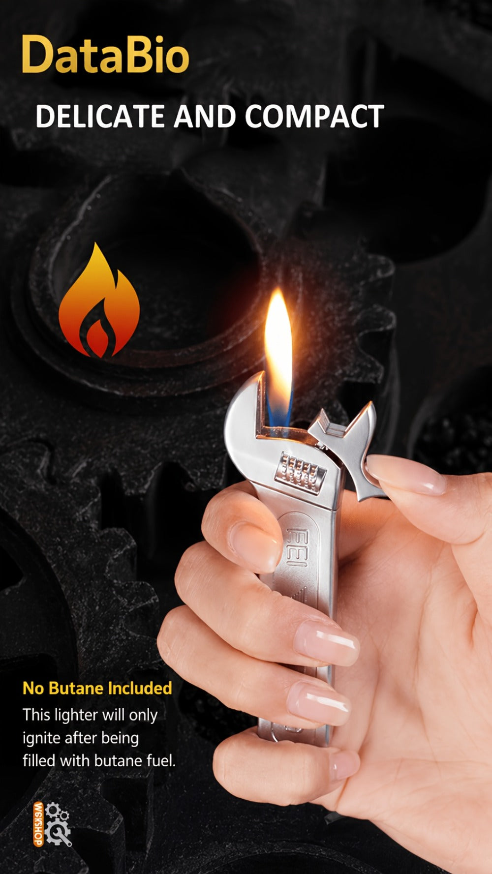 Spanner Shape Novelty Lighter ¨C Refillable Butane Windproof Metal Lighter, Cool Gadget Gift for Men | Father's Day Gift Idea | Bright Chrome & Black | No Butane Included