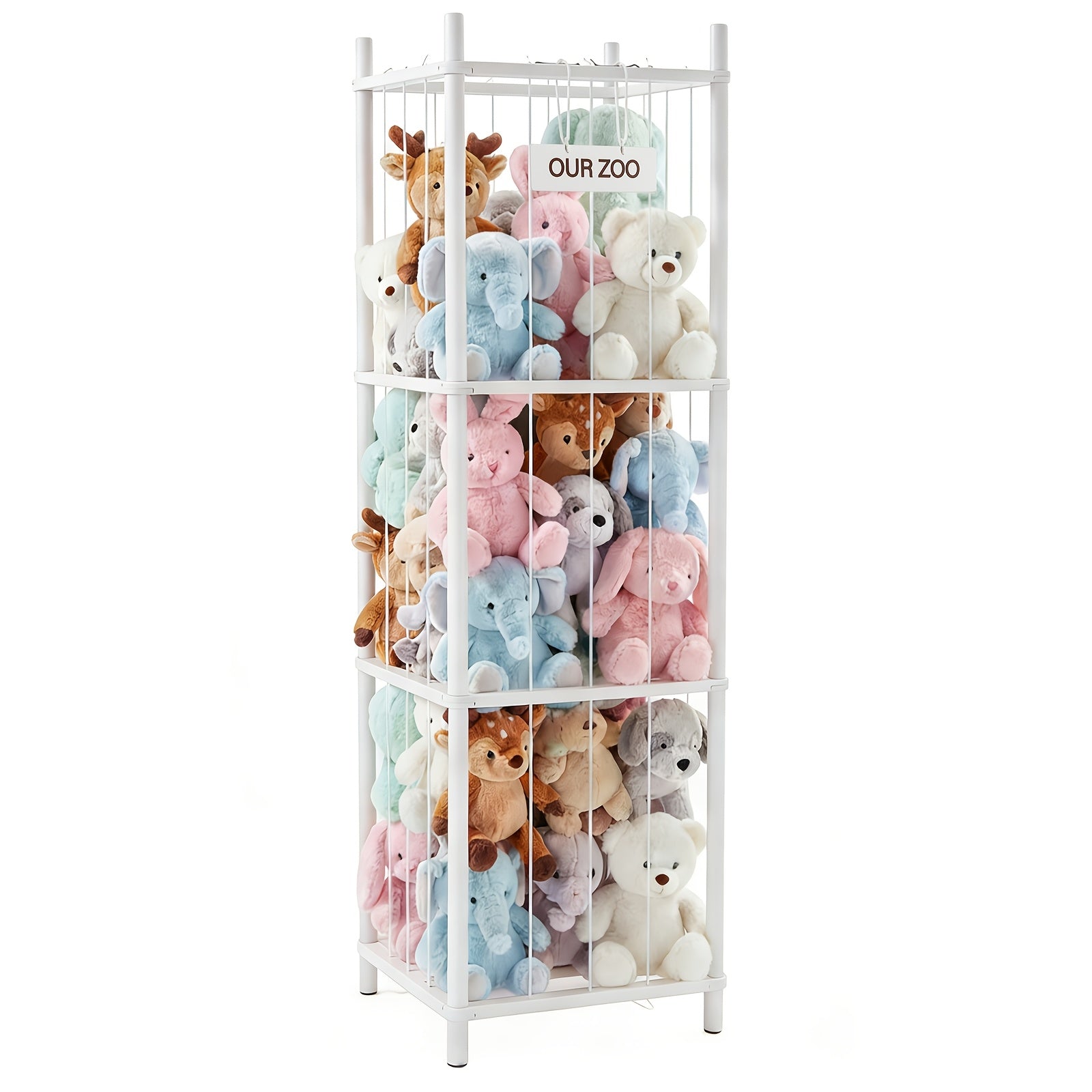 Wooden Stuffed Animal Storage Organizer for Kids Large Plush Toy Holder Zoo Space Saving Display Rack for Playroom Bedroom Nursery Natural White Pink