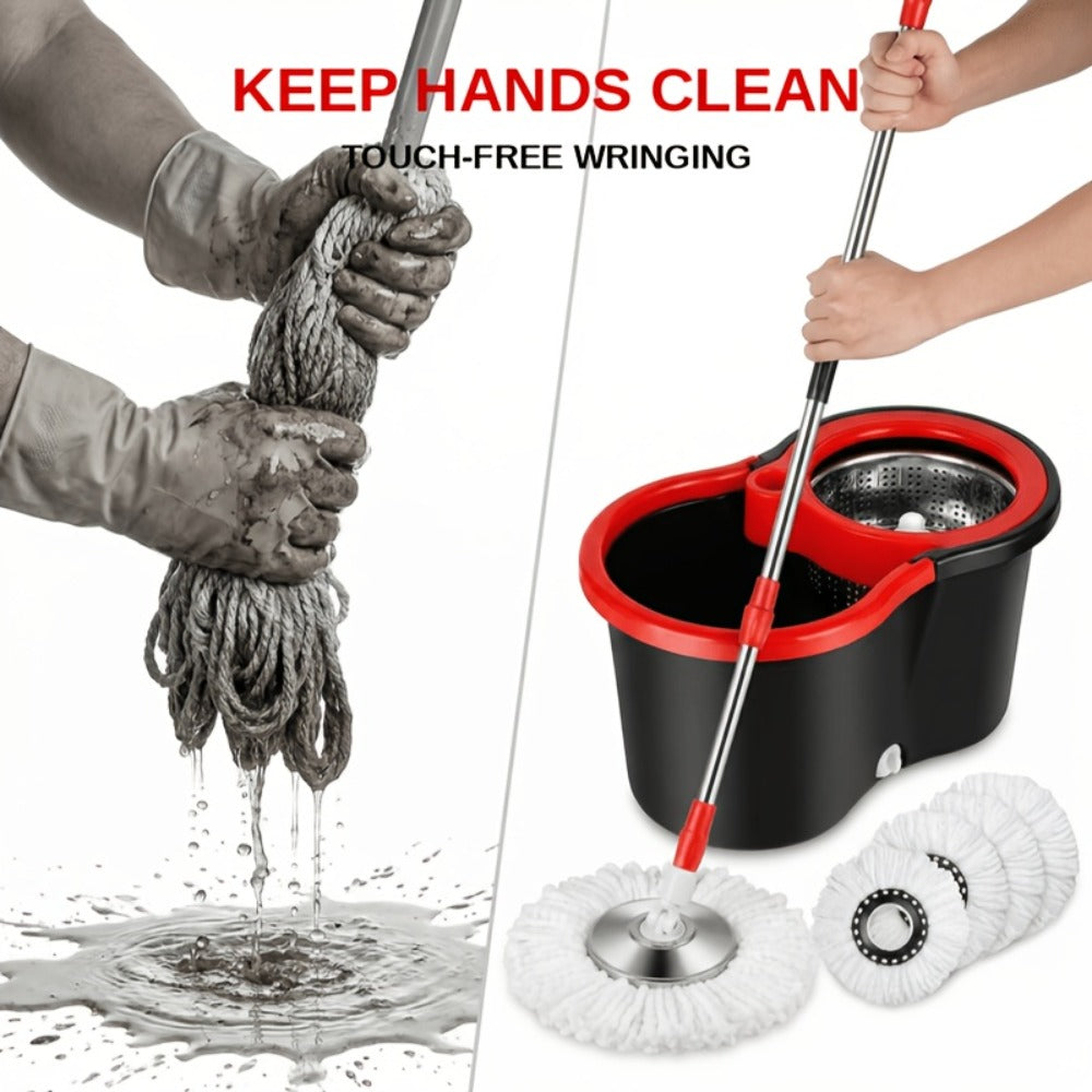 Spin Mop and Bucket Set with Wringer 360 Degree Spinning Self-Wringing Mop 4 Microfiber Mop Heads Soap Dispenser Extended Handle for Hardwood Tile Laminate Floor Cleaning