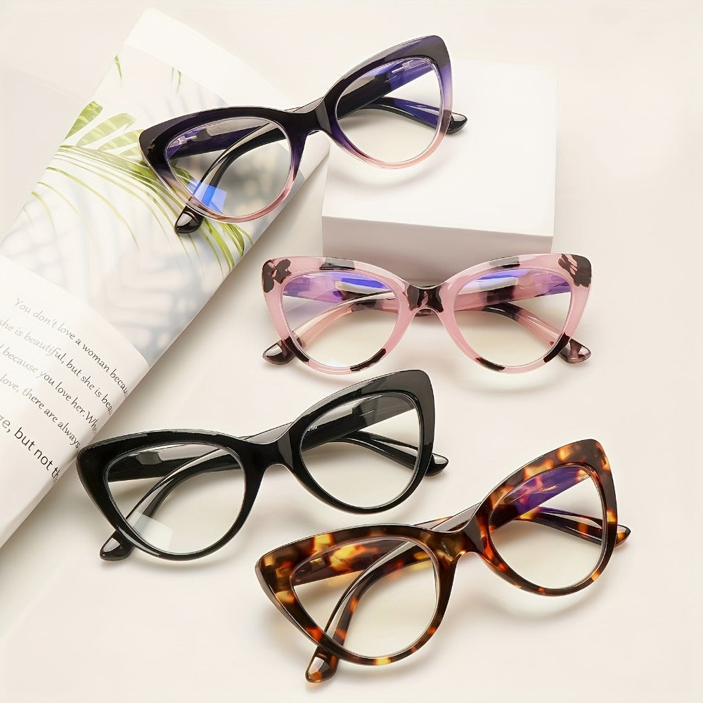 Cat Eye Reading Glasses 4 Pack Women Blue Light Blocking ¨C Leopard Print Gradient Stylish Frames, Spring Hinges, Computer Readers for All Face Shapes, Multiple Magnification Strengths