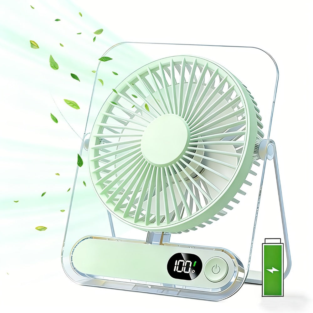 Desk Fan Portable USB Rechargeable 3000mAh Battery 5-Speed Adjustable 180 Degree Foldable Ultra Quiet Digital Display Acrylic for Home Office Travel Lightweight Cooling Fan