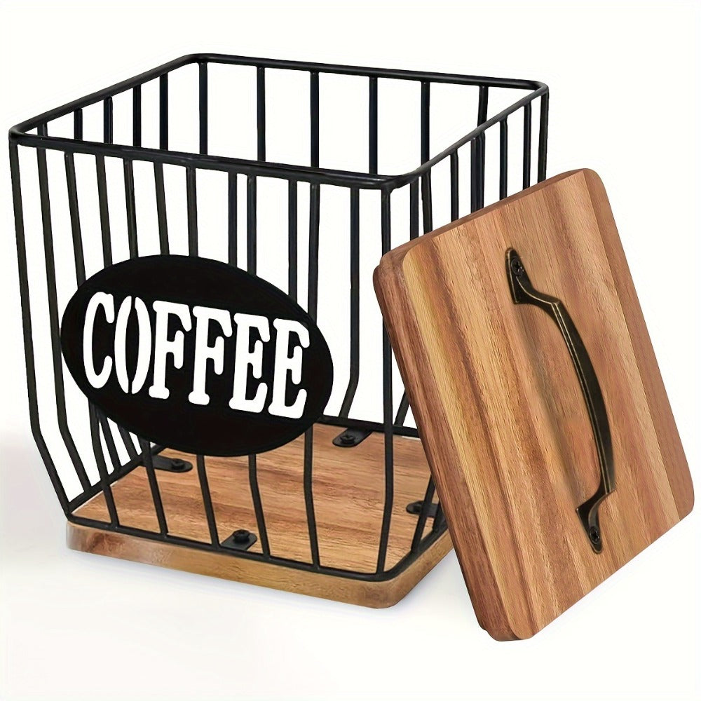 K-Cup Coffee Pod Holder Rack with Lid ¨C Large Capacity Black Metal Square Coffee Capsule Storage Organizer with Wooden Base, Modern Coffee Bar Countertop Decoration for Coffee Beans & Capsules ¨C Black