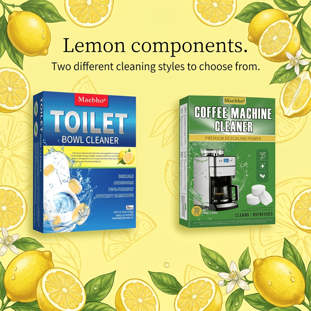 Cleaning Tablets ¨C Lemon Scented Toilet Cleaner Tablets for Stain & Urine Removal, Deodorizing Bowl Cleaner | Coffee Machine Cleaning Tablets for Deep Descaling & Stain Removal