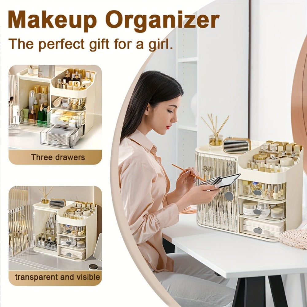Makeup Organizer with 3 Drawers and Mirror - Large Capacity Cosmetic Storage Box Vanity Organizer for Skincare Contact Lens Display Case Bathroom Counter Organizer | Transparent Black Cream White
