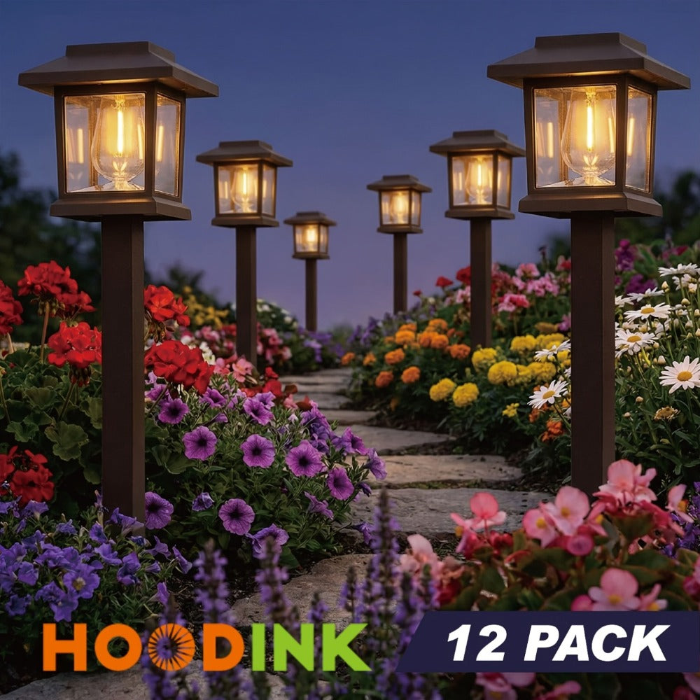 Solar Pathway Lights Outdoor Edison Style LED ¨C Up to 12 Hours Auto On/Off IP44 Waterproof | Warm White Solar Garden Lights for Yard, Driveway & Walkway | Black & Brown Upgraded Stake Lights