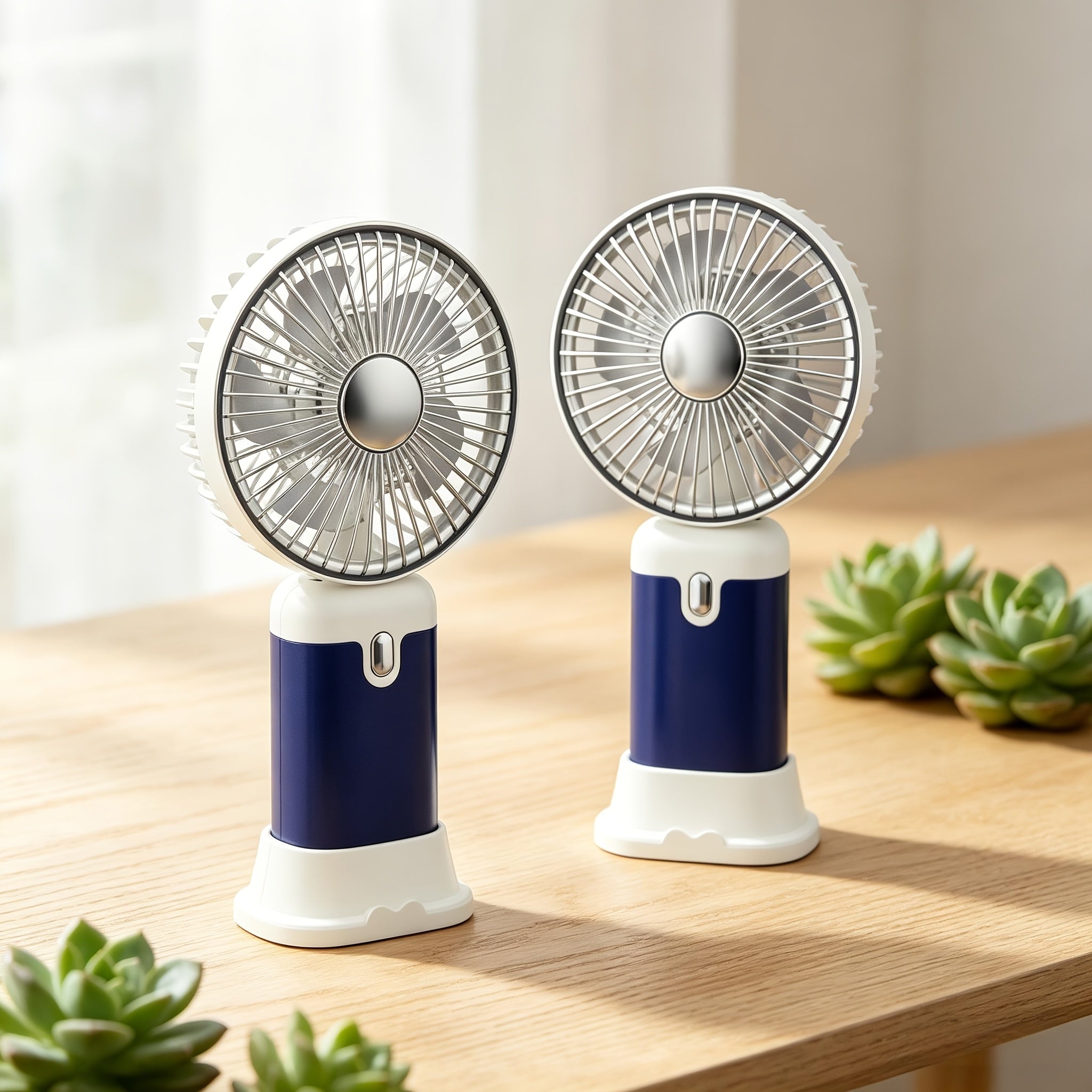 Handheld & Standing Fan Rechargeable USB | 3-Speed Portable Mini Fan, Foldable Dual-Mode Design for Travel, Office & Outdoor Use ¨C Perfect Summer Gift for Women & Girls, White & Blue, 1pc & 2pcs
