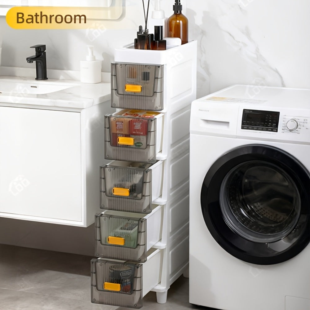 Slim Storage Cabinet with Drawers & Wheels - Waterproof PP Bathroom Kitchen Organizer, 3-5 Layer Tower Unit for Small Spaces
