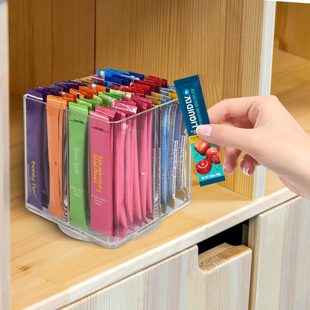 Rotating Countertop Organizer Rack for Drink Mixes, Powder Packets & Beverage Pouches - Square Lazy Susan Storage