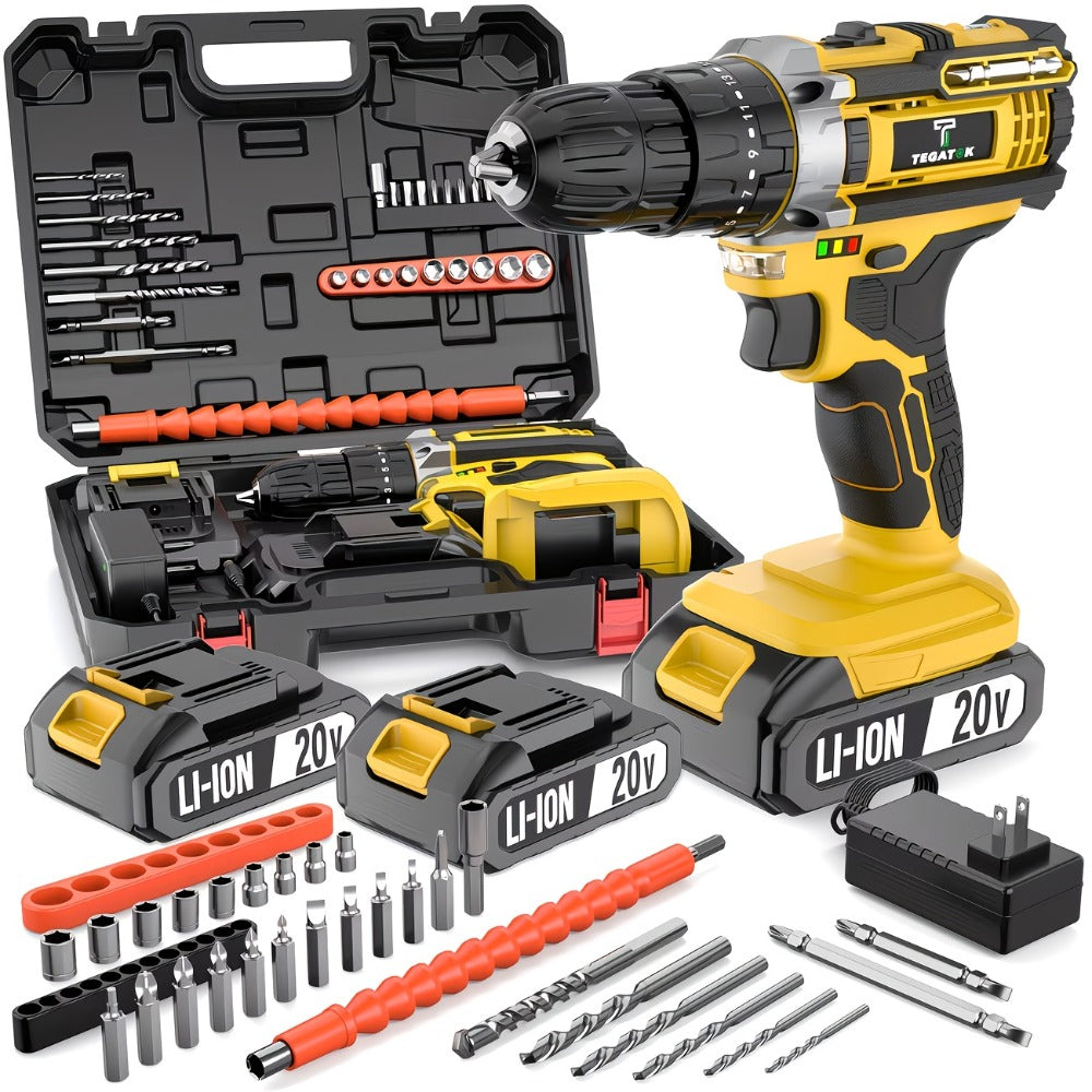 Cordless Drill Set 20V - Tegatok Impact Drill Kit with 45Nm Torque, 23-Speed Settings, LED Light, 2.0Ah Battery & Fast Charger, 58/136/145pcs Accessories for Home Renovation, Woodworking & Metal Drilling