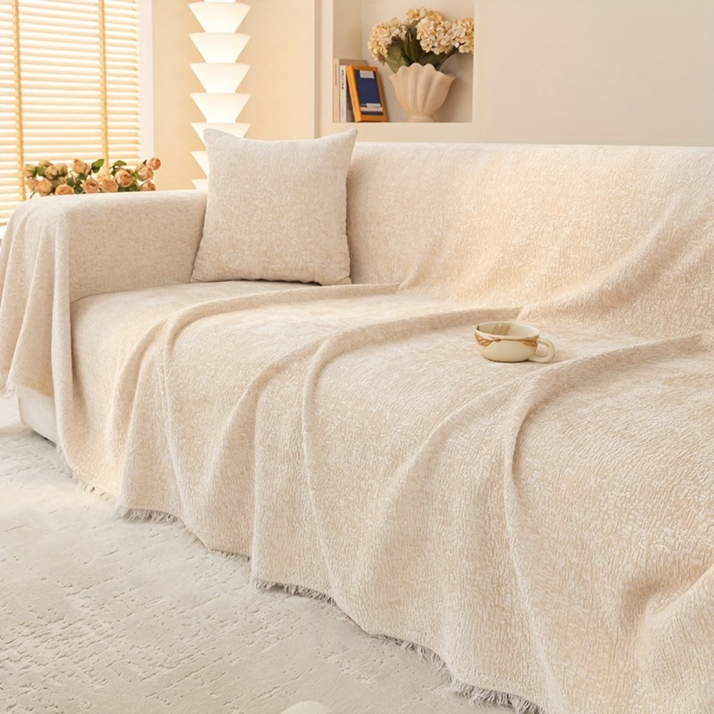 Chenille Sofa Cover with Fringe 300GSM - Super Soft Pet Friendly Solid Couch Slipcover for Single 2 4 Seater Living Room Decoration, 4 Colors