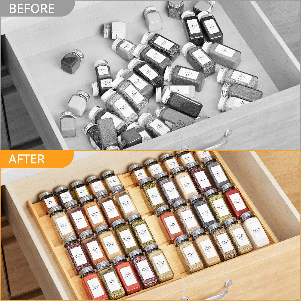 Bamboo Spice Drawer Organizer Expandable 4-Tier | Adjustable Width 12¡±-23¡± Fits 3¡± Deep Drawers | Space-Saving Kitchen Cabinet Seasoning Storage Tray for Spice Jars Bottles
