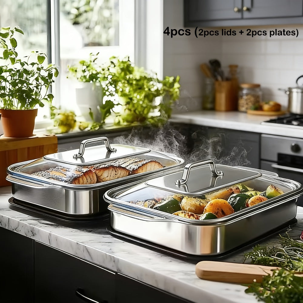 Stainless Steel Baking Sheet Pan Set with Lids, Heavy Duty Nonstick Oven Trays & Roasting Pans for Baking Bread Desserts Seafood, Thickened Rectangular Baking Pans, 4pcs / 8pcs / Extra Large Deep Dish