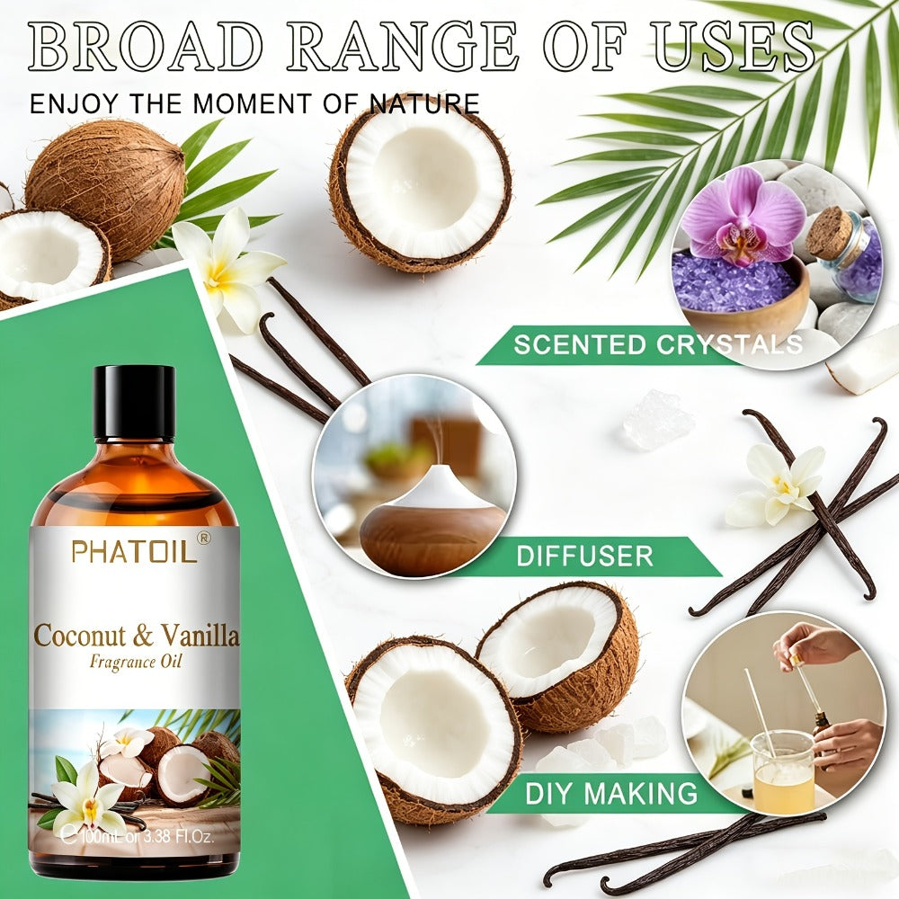 Fragrance Oil for Diffuser - PHATOIL 100ml Coconut & Vanilla Scented Oil for Humidifier, Candle Making, Soap, Aromatherapy, Reed Diffuser, Home & Office Air Freshener, Long Lasting Scent
