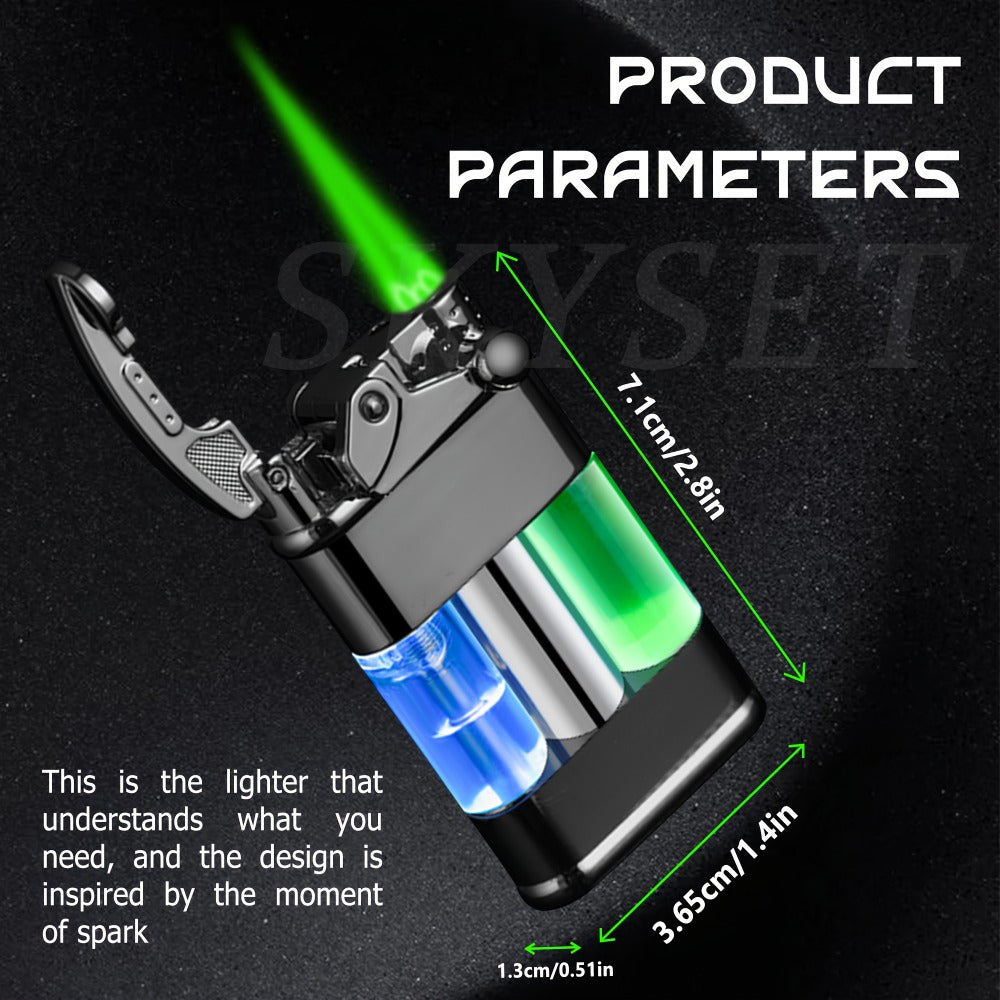 Green Flame Metal Lighter Windproof ¨C Refillable Butane Gas Lighter with Adjustable Flame, Fuel Window & Rocker Arm Ignition, Cool Multifunctional Lighter for Outdoor Camping BBQ Cigars (No Butane)