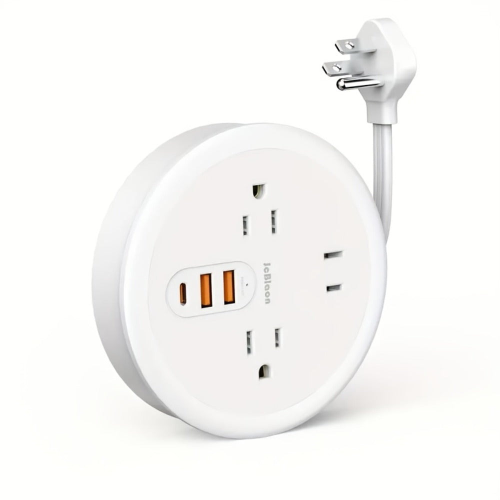 Travel Power Strip Retractable 4ft Flat Plug Extension Cord 3 Outlets 3 USB Ports 2 USB-C Compact Charging Station for Dorm Office Home Desk Travel