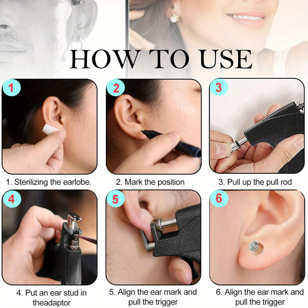 Ear Piercing Gun Kit with 24pcs Stainless Steel Studs ¨C Professional Self Piercing Tool for Ear & Nose with Marking Pen, Safe & Easy to Use for Home & Salon