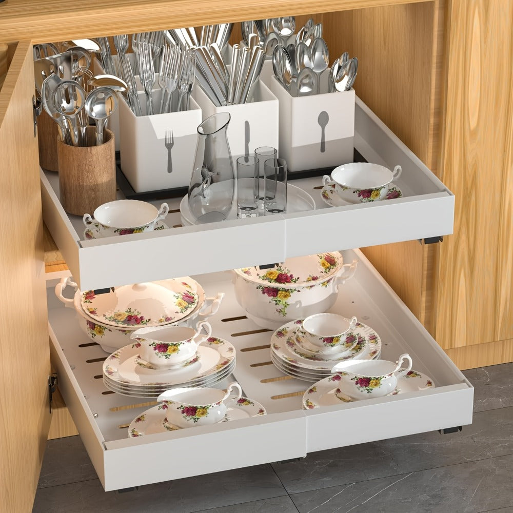 Expandable Pull-Out Cabinet Organizer Under Sink Storage Drawer Rack 2-Pack Adjustable Kitchen Shelf Organizer for Pots Pans Spices