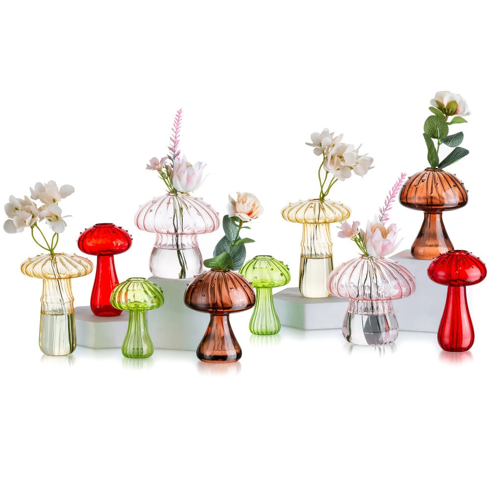 Glass Mushroom Vase Set 10 Pack Colored Small Bud Vases for Flowers, Cute Cottagecore Hydroponic Propagation Vases with Stripe Pedestal Design for Home Room Kitchen Office Windowsill Decor