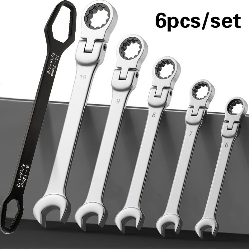 Flexible Head Ratchet Wrench Set 6-Piece ¨C 72-Tooth 180¡ã Dual-End CR-V Steel, Metric 6-10mm Double-Headed Wrenches for Auto, Motorcycle & Bike Repair, Compact Tool Kit
