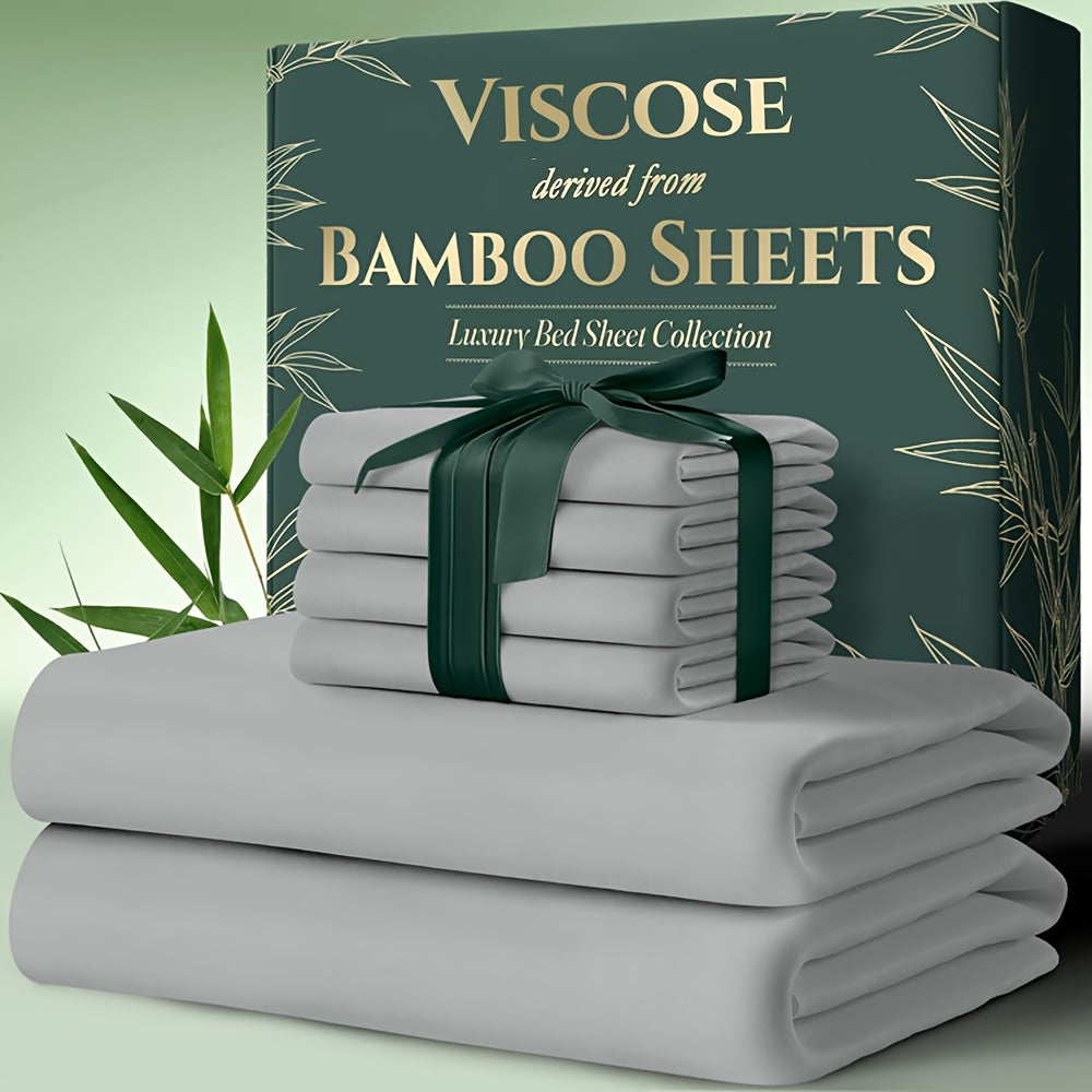 Cooling Bamboo Bed Sheet Set 6pcs Ultra Soft Deep Pocket 17 Inch Double Stitching Breathable Sheets for Hot Sleepers Twin Full Queen King