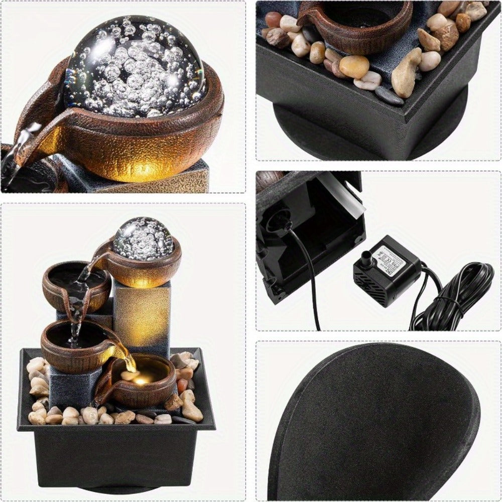 Tabletop Water Fountain Indoor ¨C 4-Level Desktop Waterfall with LED Lights & Natural River Stones, USB Powered Meditation Fountain for Home Office Relaxation, Zen Desk Decor with Bubble Balls