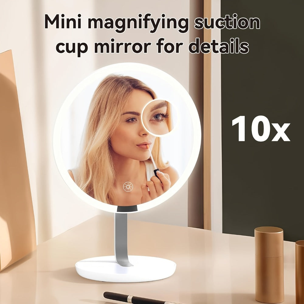 LED Makeup Mirror with Lights & 10X Magnification - Touch Dimming Desktop Vanity Mirror, Adjustable Brightness, Portable Handheld Design for Bathroom, Bedroom & Office, Ideal Gift for Women