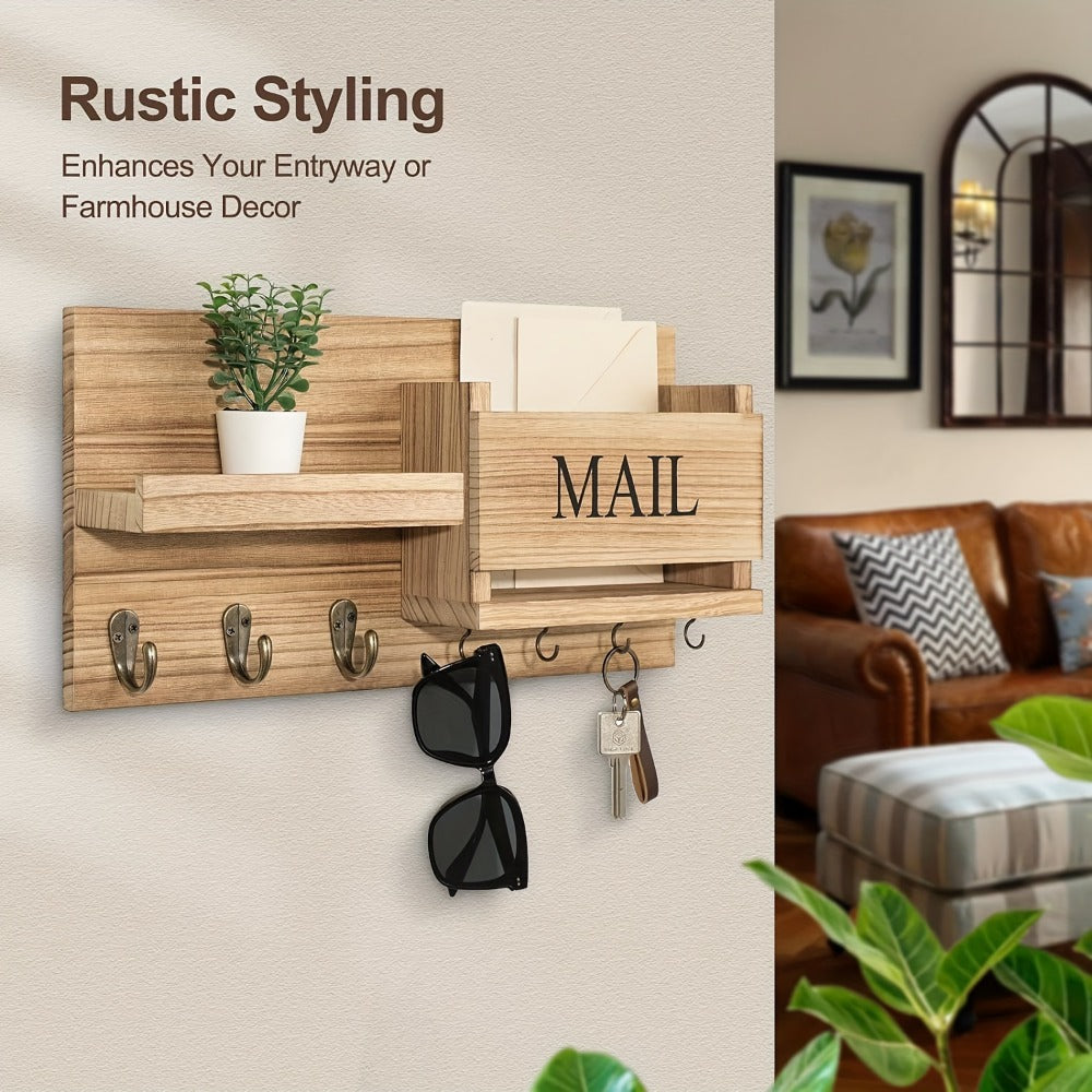 Wall Mounted Storage Rack with Mail Slot ¨C Rustic Wood Floating Shelf with Hooks for Keys, Hats & Envelopes, Decorative Organizer for Entryway, Porch, Bedroom, Bathroom & Living Room