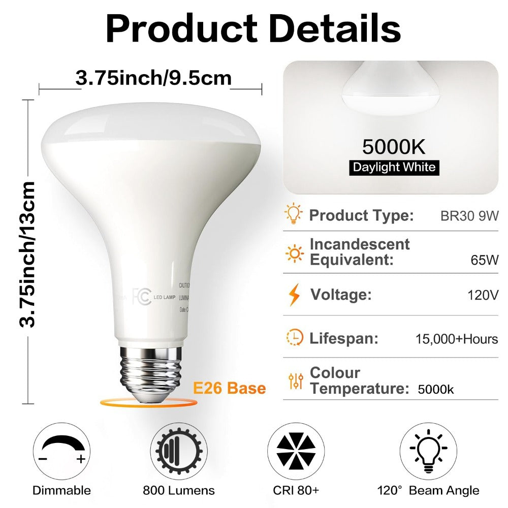 BR30 LED Flood Light Bulbs 12W 800 Lumens 5000K Daylight White Non-Dimmable ¨C 25000 Hour Lifespan E26 Base Recessed Lighting Bulbs for Indoor Ceiling Can Lights, 6 Pack 12 Pack 24 Pack