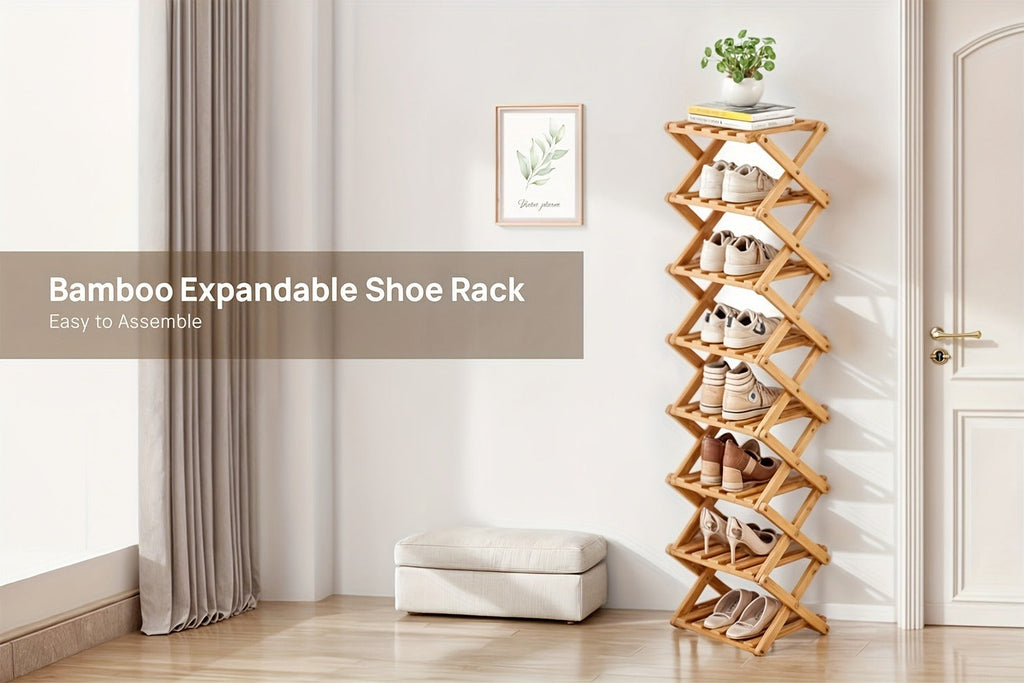Bamboo Shoe Rack Foldable Multi-Tier ¨C Space-Saving Shoe Storage Shelf, Easy Assembly Standalone Organizer for Entryway, Hallway, Bedroom, Bathroom & Office ¨C 6 or 8 Tier Options