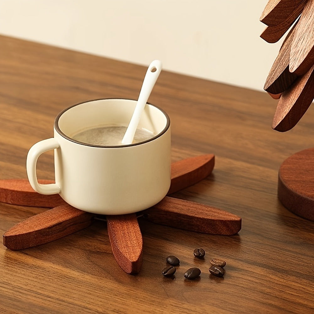 Solid Wood Trivet Mat Set 6pcs with Storage Rack ¨C Heat-Resistant Tree-Shaped Coasters, Natural Foldable Wooden Kitchen Trivets for Hot Dishes, Pots, Bowls & Teapots
