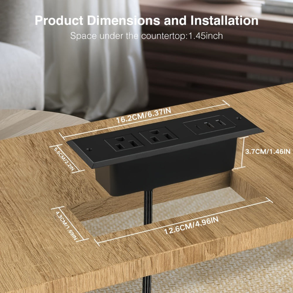 Recessed Power Strip Flush Mount Desk Outlet with USB-C & USB-A Ports In-Desk Power Grommet for Conference Room Office Table Furniture 1.5m Cord