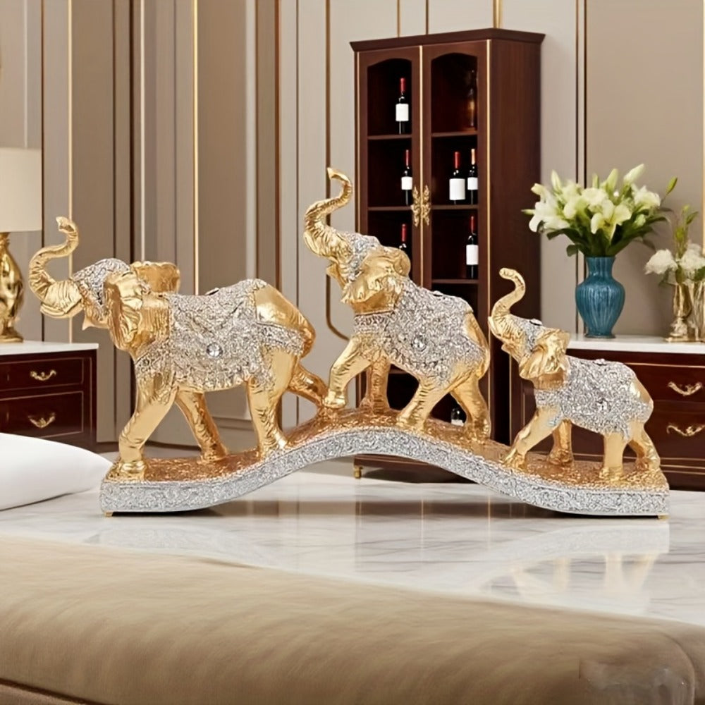 Golden Elephant Figurine Set of 3 - Lucky Elephant Statue Home Decor, Resin Elephant Family Sculpture for Living Room TV Cabinet Office Desktop, Wealth Attracting Housewarming Gift, 14 Inch