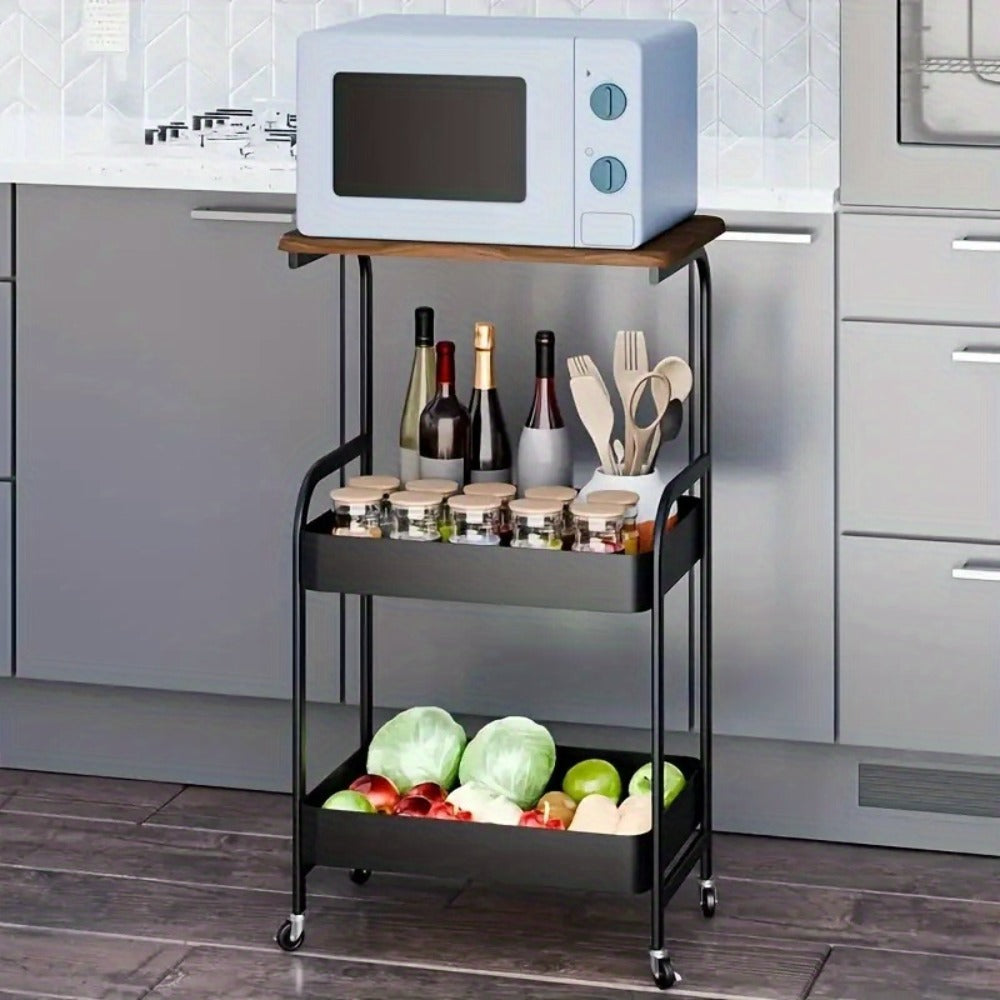 Storage Trolley with Wheels 3-Tier Wooden Tabletop Rolling Cart - Reinforced Black Metal Frame, Locking Casters, Multi-Use Organizer for Kitchen, Office, Bedroom & Living Room, Easy Assembly Printer Stand