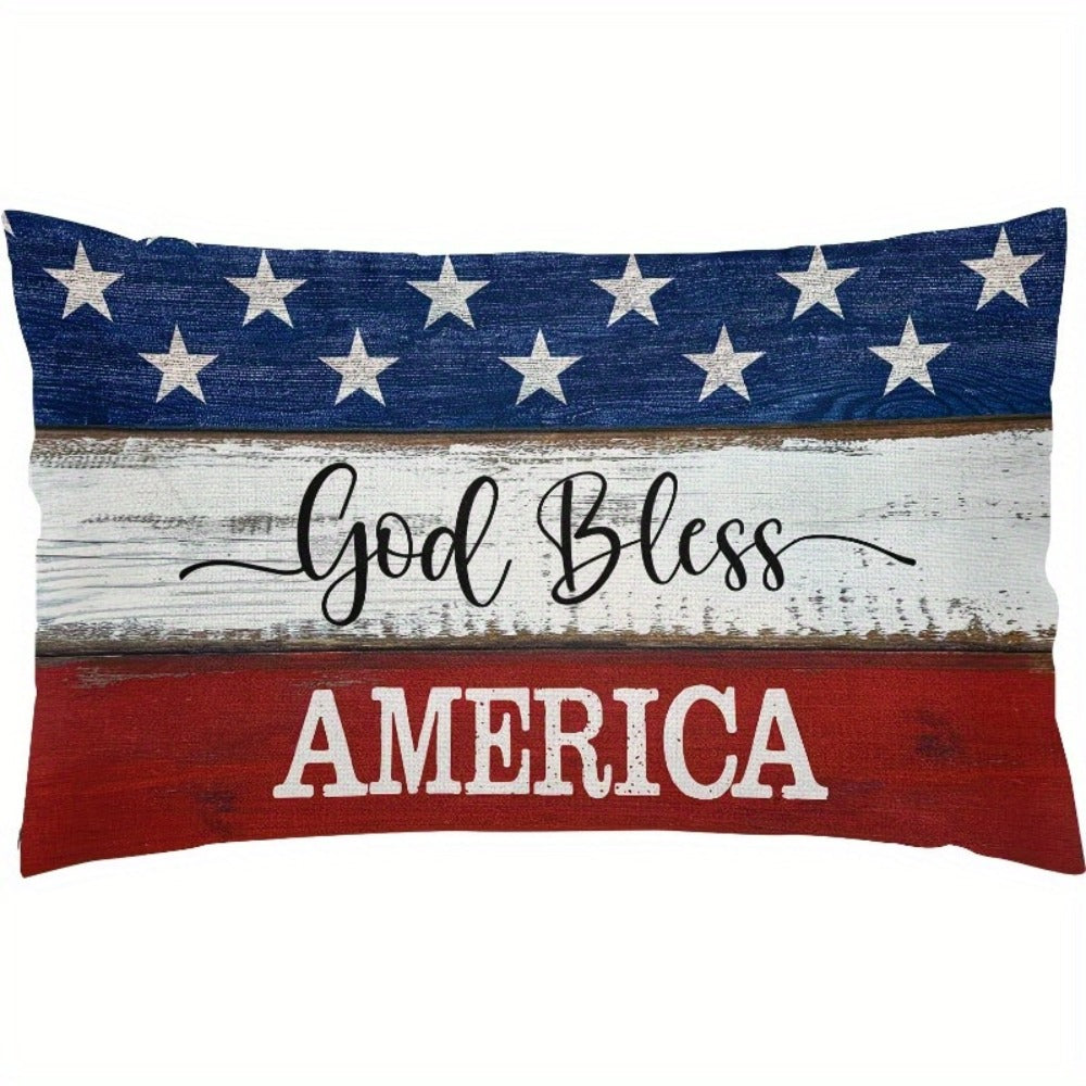 4th of July Throw Pillow Cover 12x20 Inch, God Bless America Patriotic Red White Blue Linen Cushion Case Star Pattern Distressed Wood, Boho Home Decor for Independence Day Memorial Day