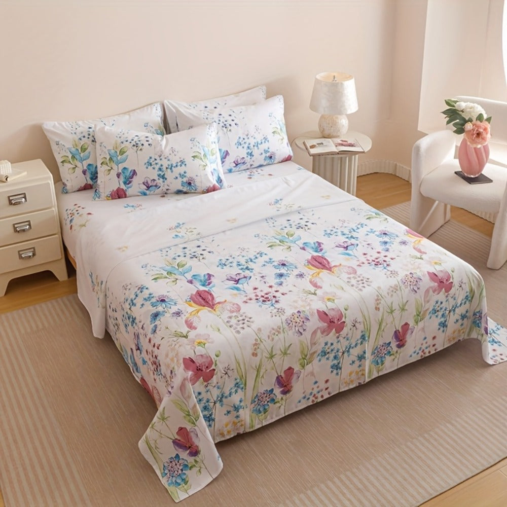 Floral Bedding Set 4-Piece ¨C 1 Fitted Sheet + 1 Flat Sheet + 2 Pillowcases | Soft Breathable Polyester | All-Season Flower Print Bed Sheet Set | Machine Washable | Twin Full Queen King