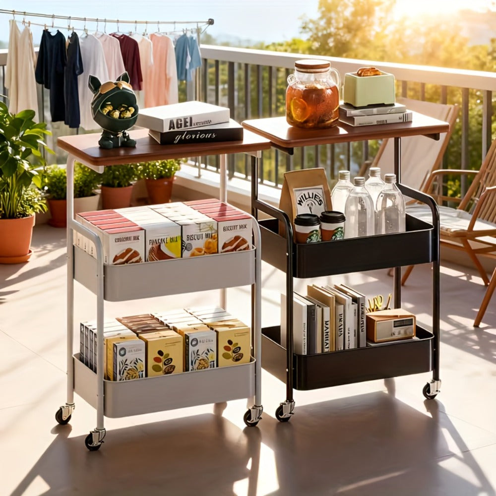 Storage Trolley with Wheels 3-Tier Wooden Tabletop Rolling Cart - Reinforced Black Metal Frame, Locking Casters, Multi-Use Organizer for Kitchen, Office, Bedroom & Living Room, Easy Assembly Printer Stand