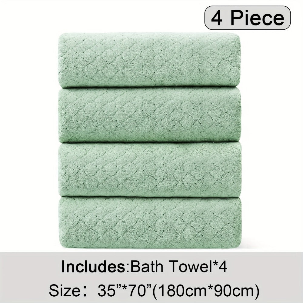 Oversized Bath Towel Set 4 Piece Diamond Pattern Microfiber - Ultra Soft Highly Absorbent Quick Dry | 10 Colors | Blue Green Black Gray Navy Orchid Brown Purple White Turquoise | Bathroom Hotel Gym Gift