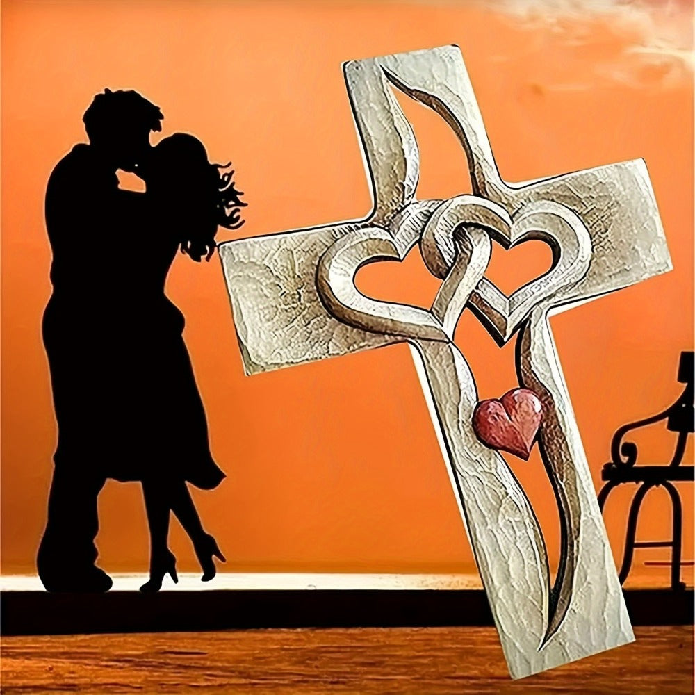 Cross Wall Decor Resin Handcrafted Hearts Intertwined Love Cross, Decorative Wall Cross for Living Room Bedroom Home Decor, Christian Religious Gift for Easter Christmas Housewarming