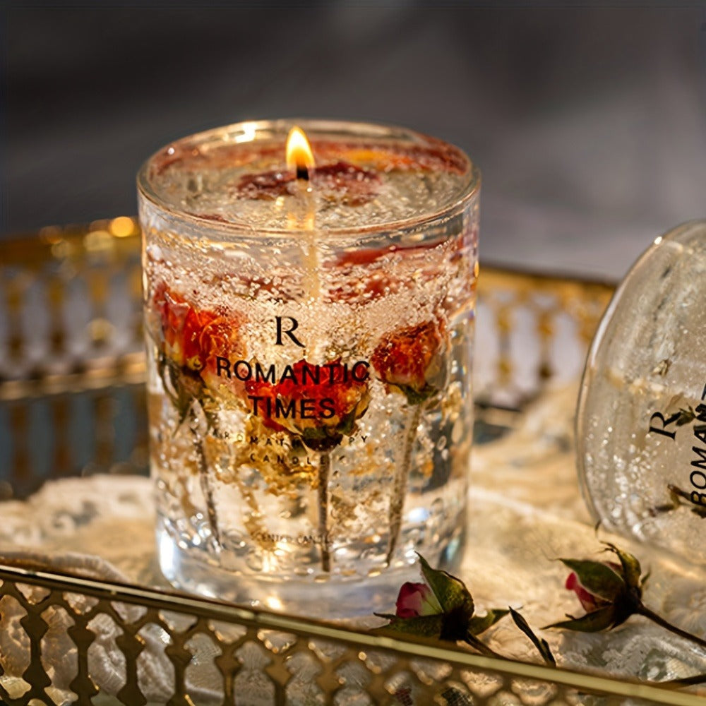 Soy Candle with Real Flowers 7.4oz Essential Oils 50-Hour Burn Floral Scented Elegant Glass Jar Velvet Rose Lavender Orange for Home Decor Relaxation Gift