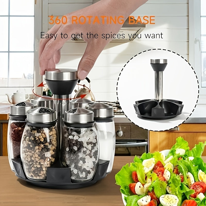 Glass Spice Jar Set with Rotating Rack ¨C Airtight Kitchen Spice Organizer with 360¡ã Stainless Steel Stand ¨C Food Grade Glass Seasoning Bottles for Pantry, Cabinet & Countertop Storage ¨C 6 or 12 Piece