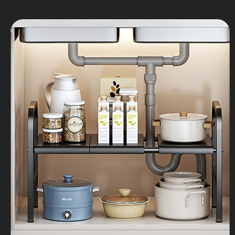 Under Sink Organizer and Storage Expandable 2 Tier Cabinet Shelf Organizer with Detachable Panels and Baskets for Under Kitchen Bathroom Sink, Adjustable Metal Cabinet Storage Rack