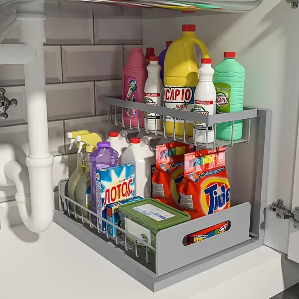 Under Sink Organizer Pull Out 2 Tier Slide Out Cabinet Shelf ¨C Kitchen Bathroom Storage Rack Utility Organizer 1 or 2 Pack