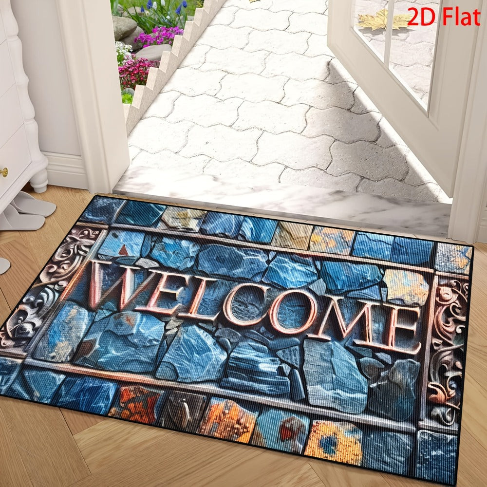 Non-Slip Welcome Doormat Stone Pattern Entrance Carpet Indoor Outdoor Floor Mat